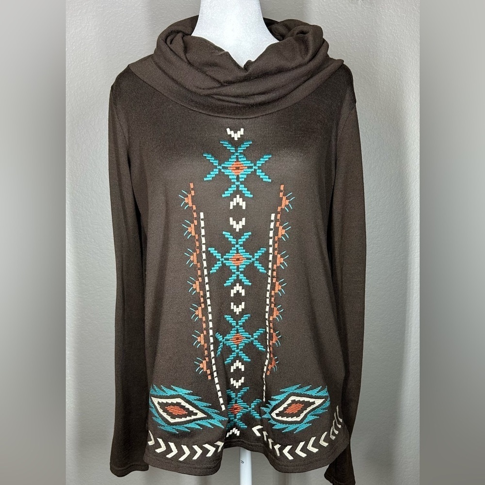 Womens Roper Brown Cowl Neck Tribal Embroidered Western Cowgirl Sweater Sz Sm - Picture 2 of 11
